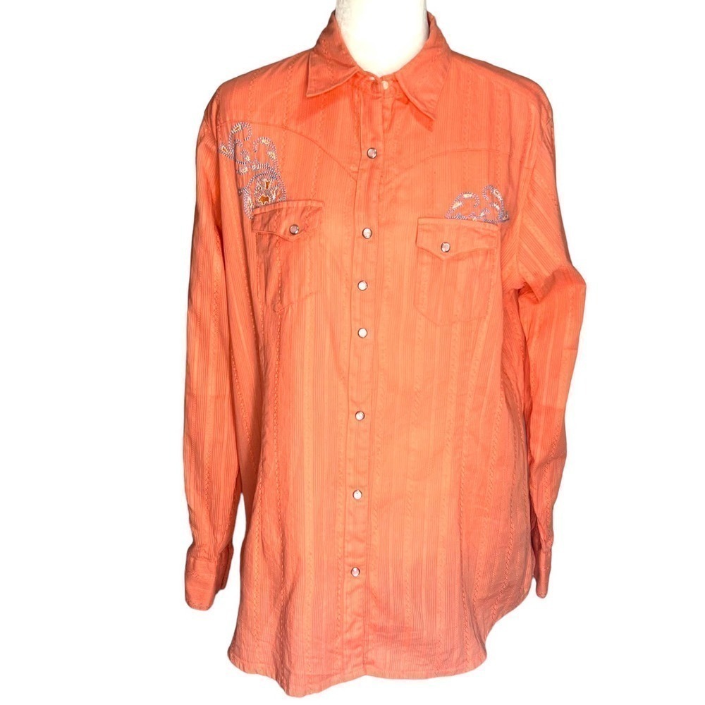 Wrangler Pearl Snap Western Embroidered Salmon Long Sleeve Large